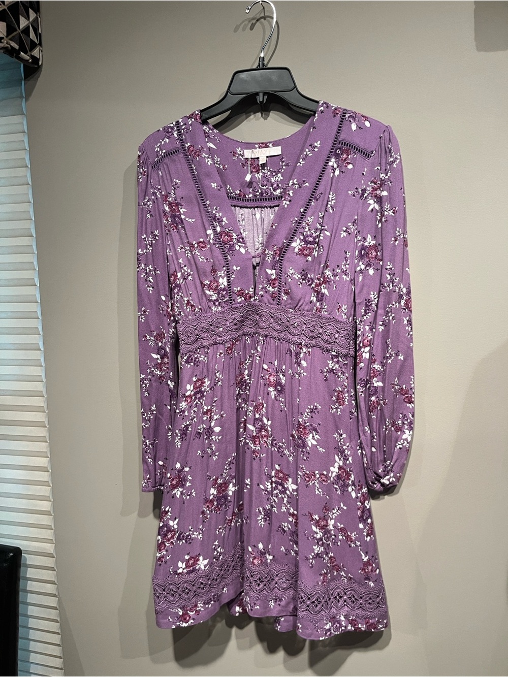 Wayf Purple Floral Long-Sleeve Lace-Trim Dress